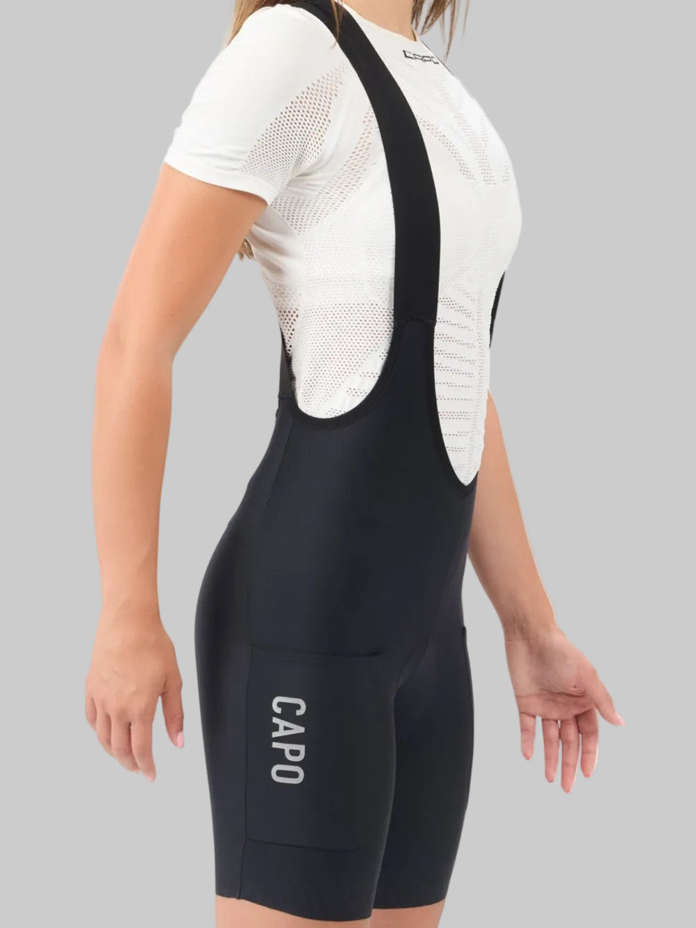 Capo Super Corsa Race Women's Drop Tail Cargo Bib Shorts in black, front view